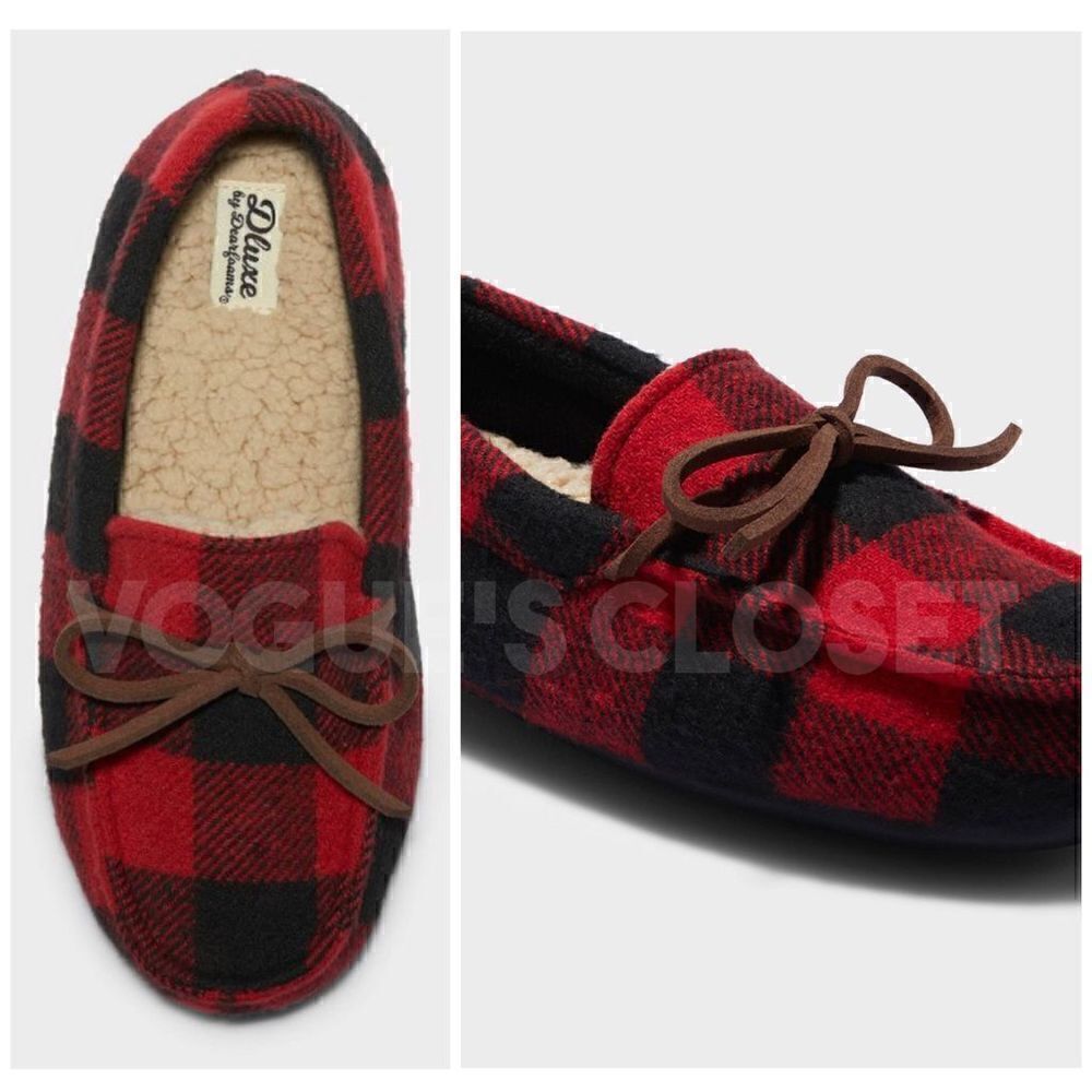 NEW! Dluxe by Dearfoams Braydon
Moccasin Kids Slippers Red Plaid